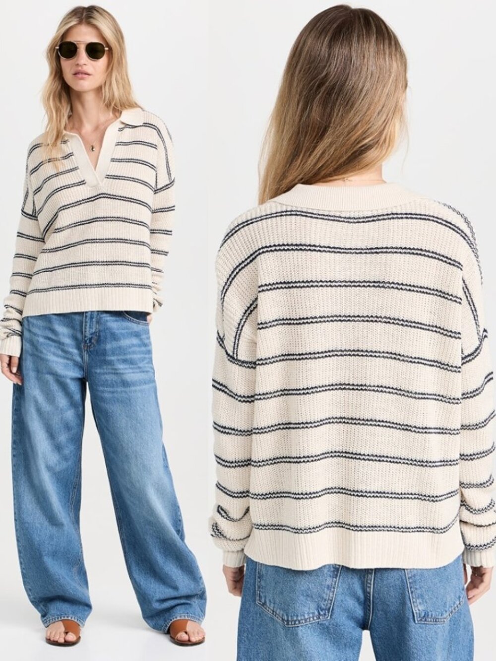 Faherty Ivory Stripe Linen Organic Cotton Knit Miramar Polo Sweater